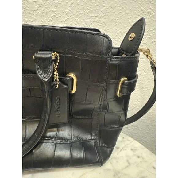 Coach Black Croc Embossed Leather Satchel Shoulder Crossbody Bag - Picture 3 of 11